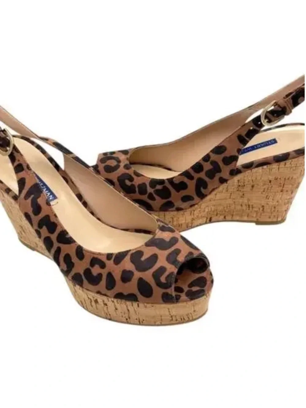 Stuart Weitzman Leopard Print Brown Cork Wedge Slingbacks - Picture 1 of 15